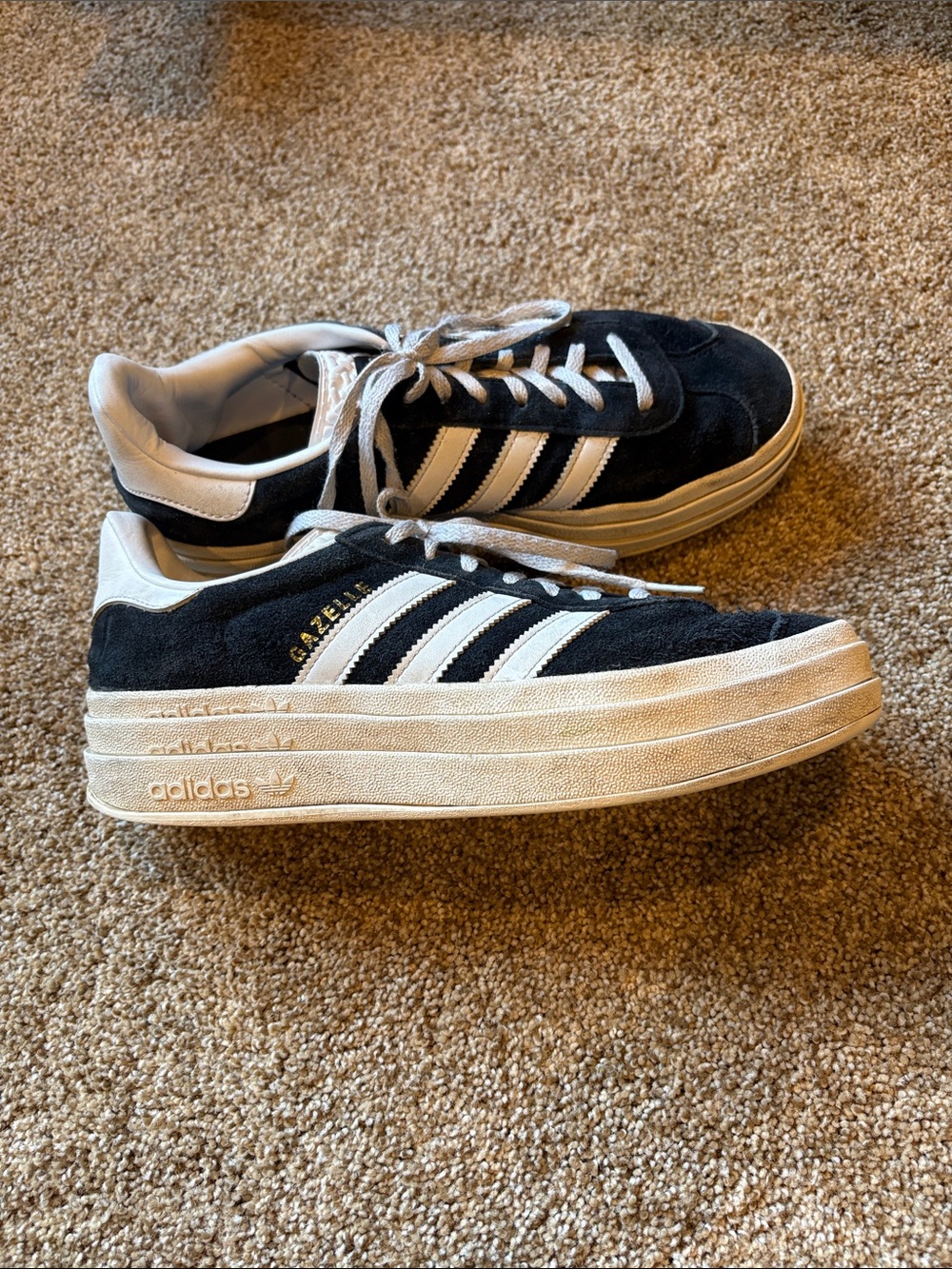 Adidas Black Gazelle Suede Platform Sneakers with White Stripes
